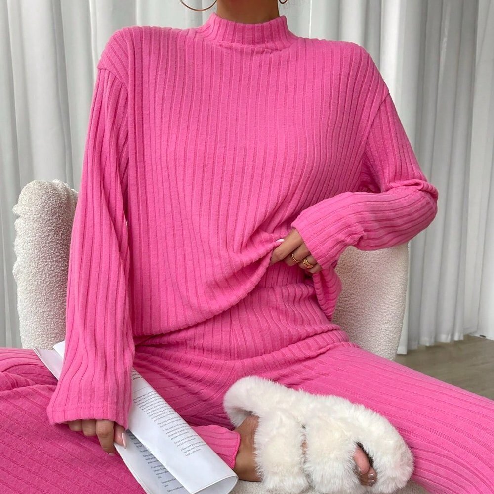 Pink Preppy Womens Mock Neck Drop Shoulder Tee & Pants - Picture 2 of 5